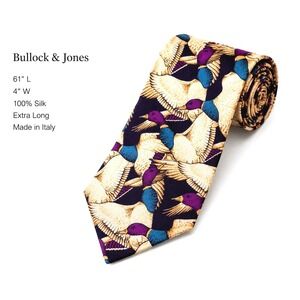 Bullock & Jones Silk Tie Mallard Duck Wildlife Print Navy Purple Italy 61"L, 4"W